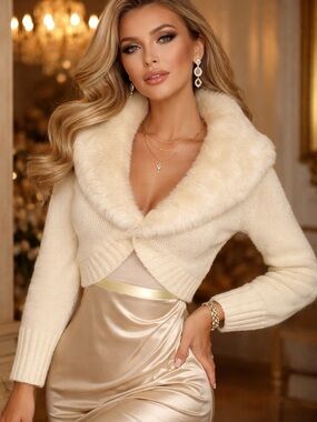 bebe Cream genuine rabbit Fur Trim Sweater - Ivory vintage cropped